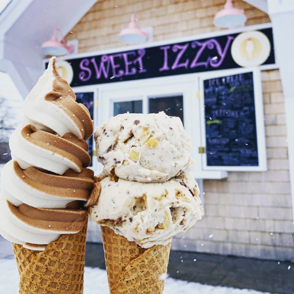 Sweet Izzy chocolate and vanilla twist and Snickers flavor waffle cones.