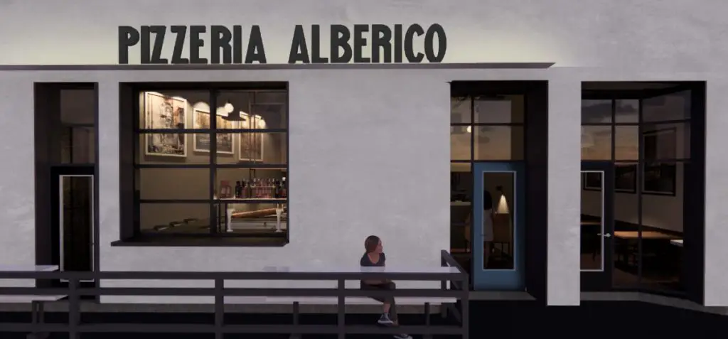Rendering of the Exterior View of the new Pizzeria Alberico.