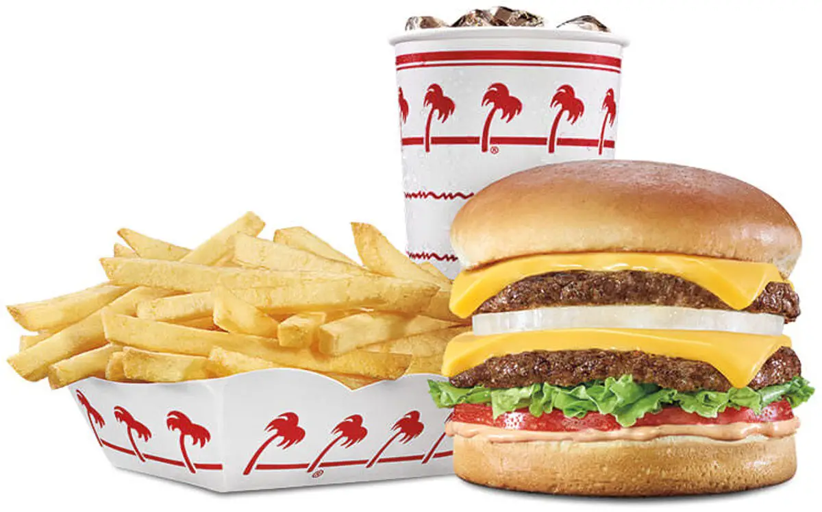In-N-Out double double cheeseburger, fries, and drink.